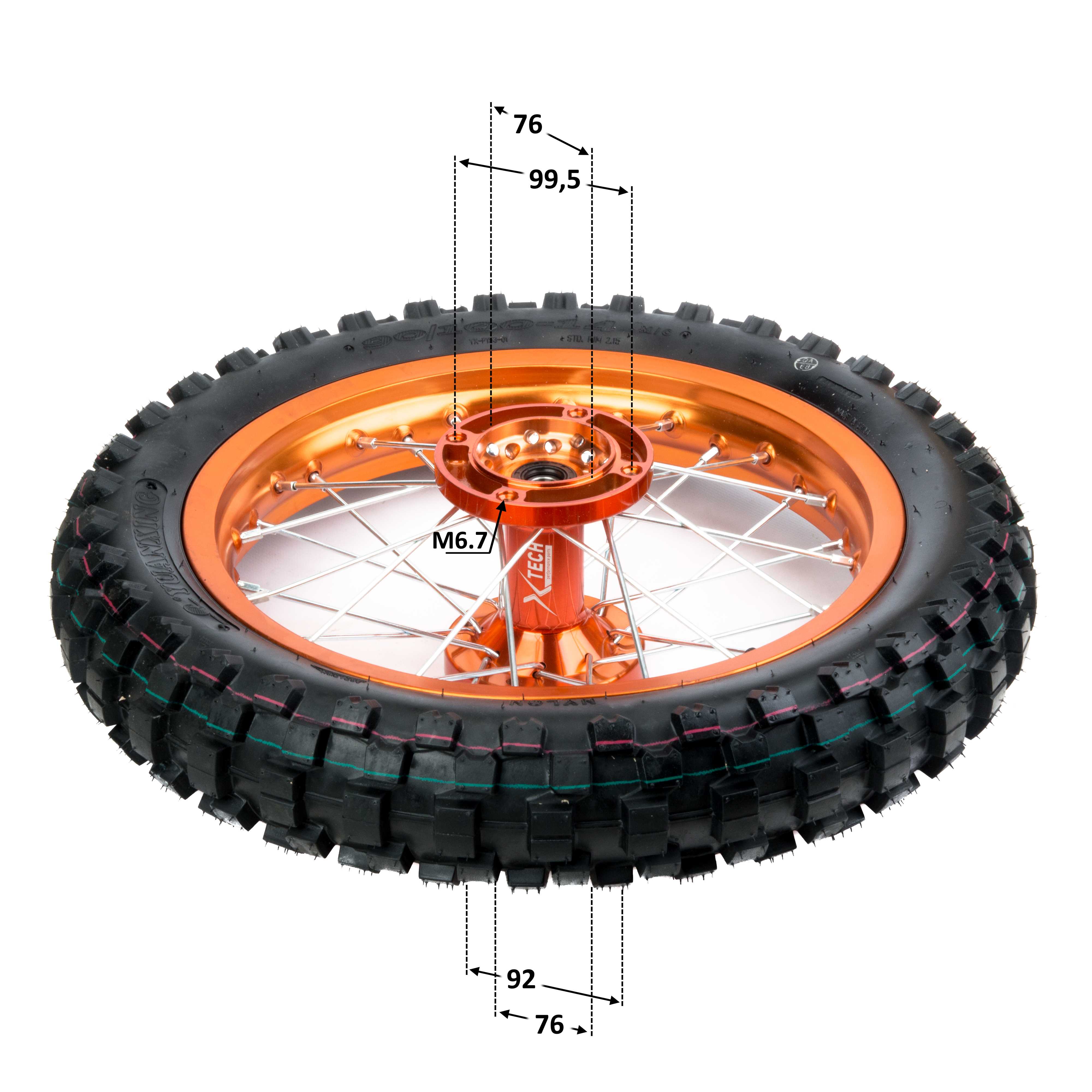 Обод задний 14" (1,85-R14 d=15mm) 90/100-14" CNC ступица, с резиной алюминий/оранжевый
