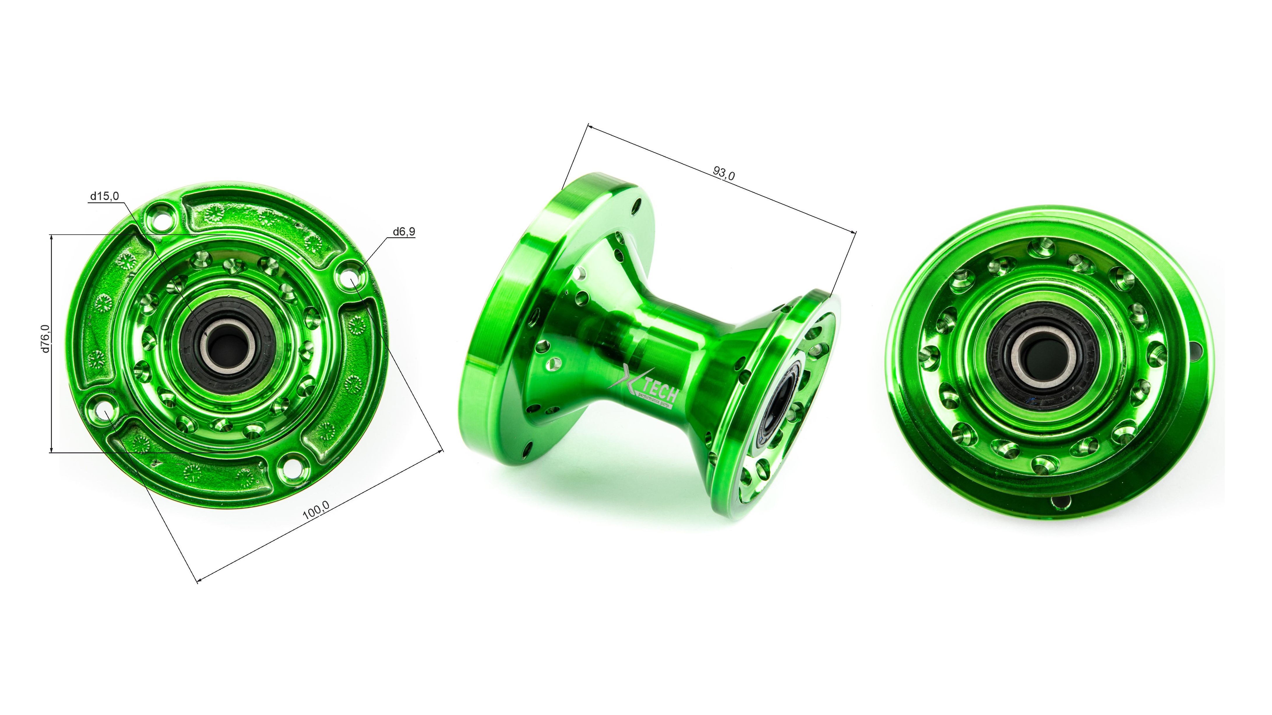 Ступица передняя CNC (R12"/14"/17" d=15mm) X-Tech,зеленая 100x76x4 M6.9