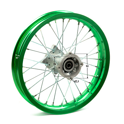 Обод задний 14" (1,85-R14 d=15mm) алюминий/зеленый (4х100х76/4х92х76, диск/звезд)