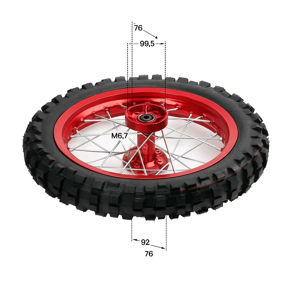 Обод задний 14"  (1,85-R14 d=15mm) 90/100-14" CNC ступица, с резиной, алюминий/красный