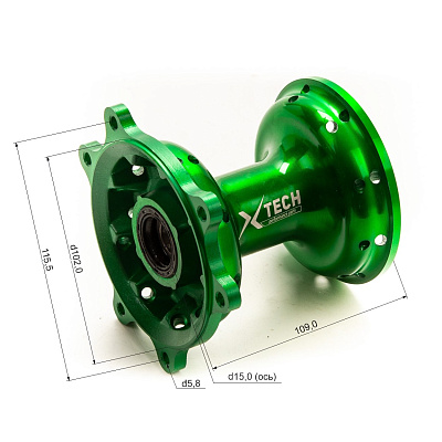 Ступица передняя CNC (R21" d=15mm) зеленая X-TECH