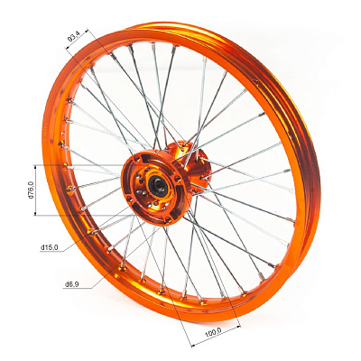 Обод передний 17" (1,60-R17 d=15mm) CNC ступица, алюминий/оранжевый X-TECH