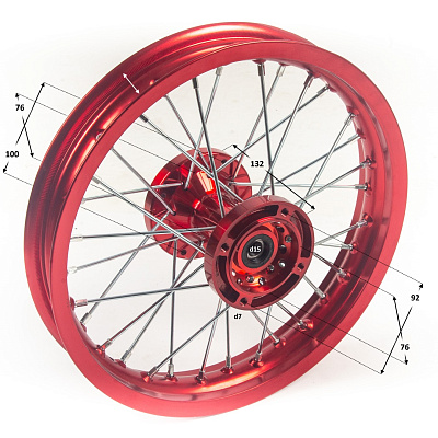 Обод задний 14" (1,85-R14 d=15mm) CNC ступица, алюминий/красный X-TECH (4x100x76/4x92x76 диск/звезд)